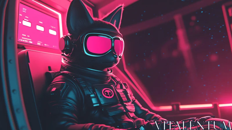 Spacefaring Cat in Neon-Lit Spaceship AI Image