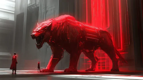 Giant Red Cyborg Beast with Humans