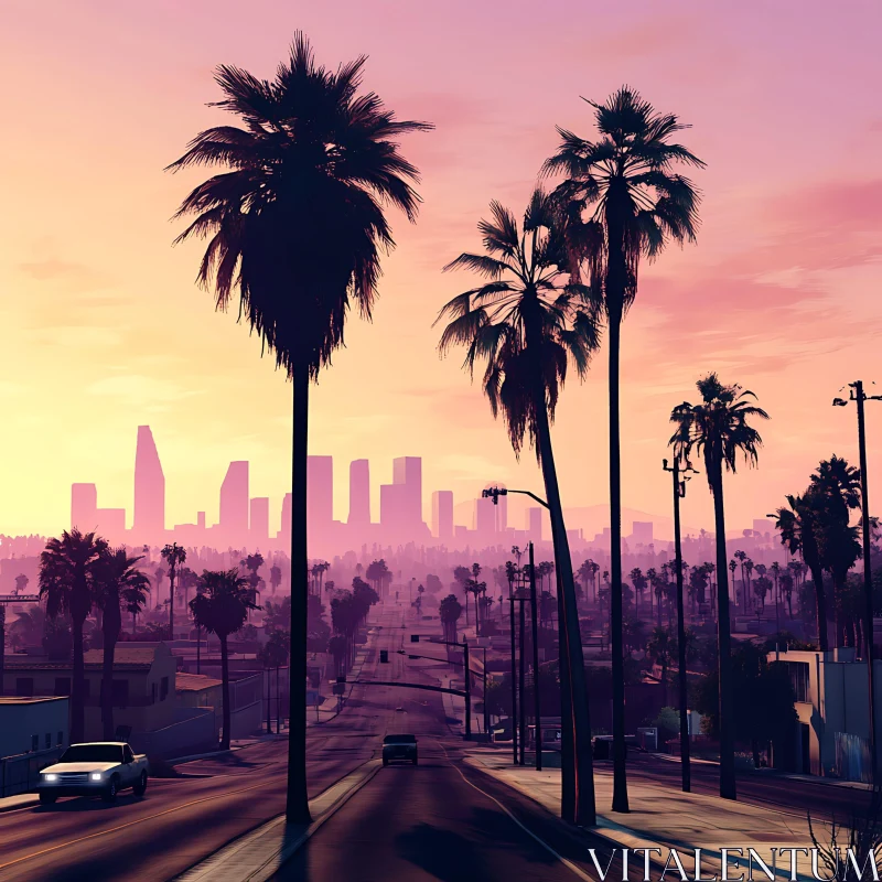 Cityscape with Palm Trees at Sunset AI Image