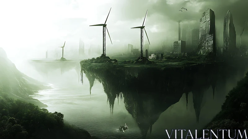 Eerie Floating Islands and Wind Turbines AI Image