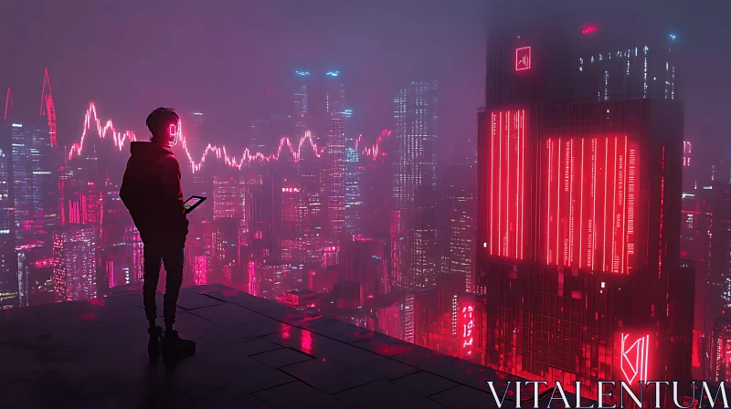 Cyberpunk Night Skyline with Lone Figure AI Image