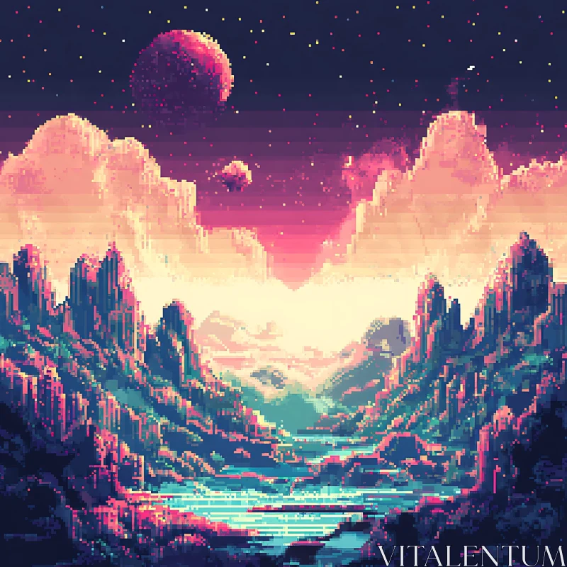 Fantasy Pixel Art of Mountainous Landscape at Sunset AI Image