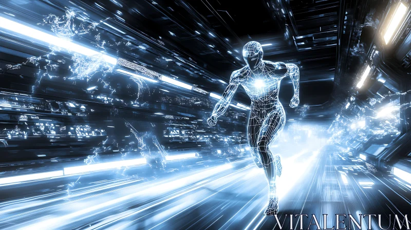 High-Tech Cyborg Running in Illuminated Tunnel AI Image