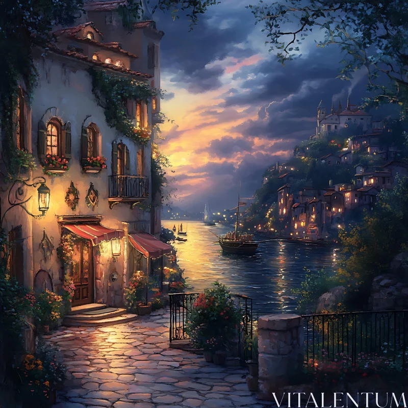 Old Coastal Town by the Harbor at Dusk AI Image