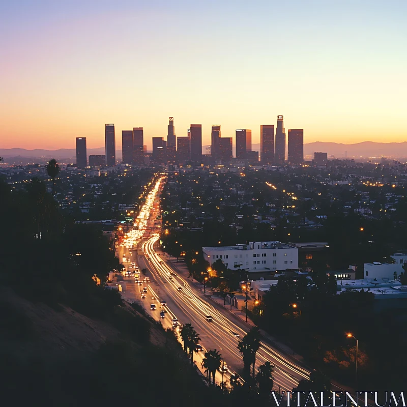 Sunset Cityscape with Dazzling Lights AI Image