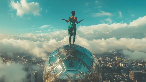 Ethereal Lady above the City on a Reflective Dome