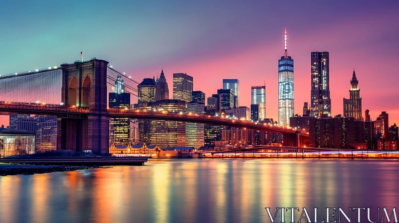 Illuminated Bridge and Skyscrapers at Twilight AI Image