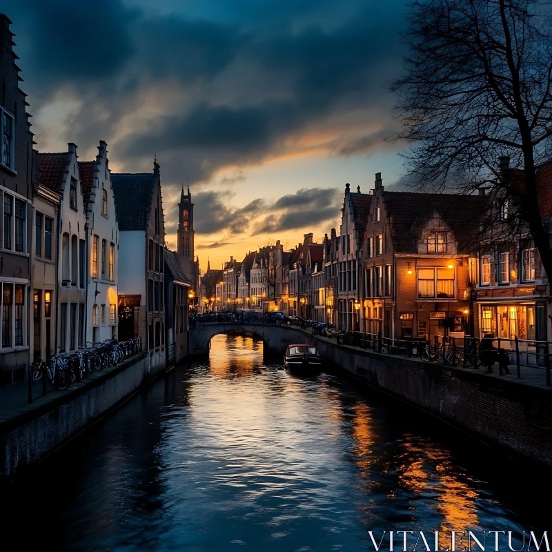 AI ART Historic Canal at Dusk: An Enchanting Cityscape with Reflective Waters