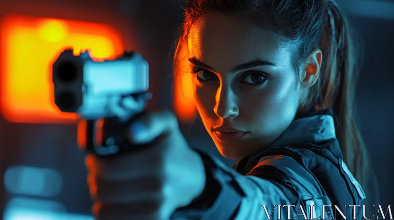 Woman with Handgun in Neon Lighting AI Image