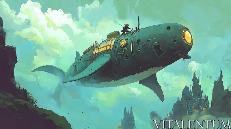 Fantastical Flying Whale Above Ruined City AI Image