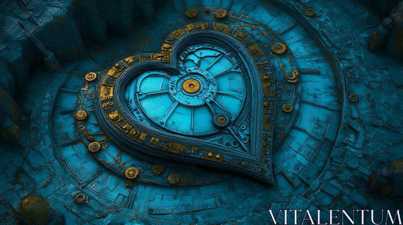 Intricate Mechanical Heart in Blue and Gold AI Image