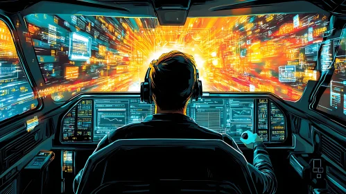 Pilot in Futuristic Cockpit Navigating Through Digital Landscape