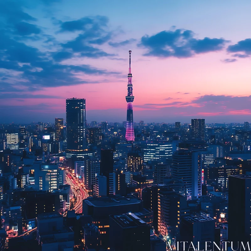 Urban Skyline at Dusk with Tower Lights AI Image