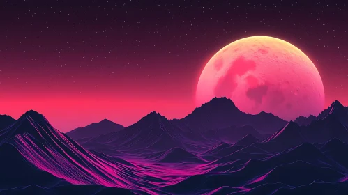 Abstract Landscape of Pink Moon and Neon Terrain