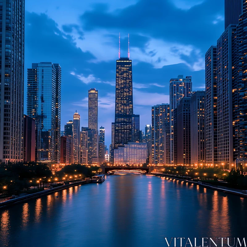 AI ART Nighttime Urban Landscape with Skyscrapers and River