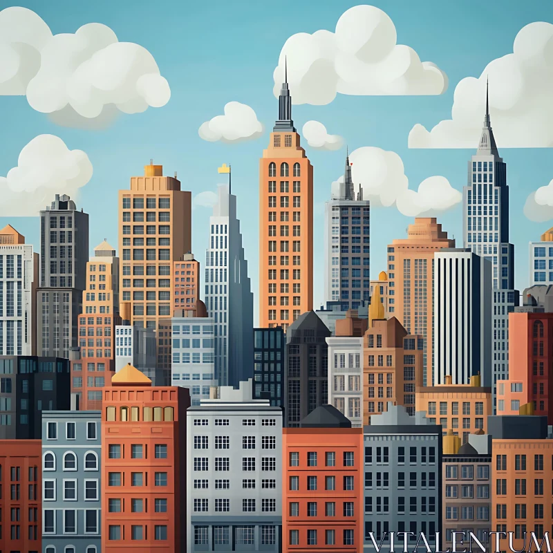 AI ART Illustrated Urban Skyline with Skyscrapers and Blue Sky