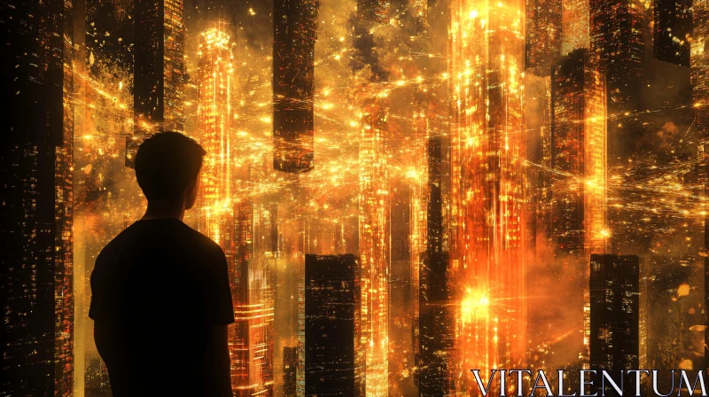 AI ART Futuristic Cityscape with Silhouetted Observer