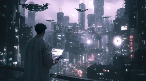 Cyberpunk City at Night with Drones