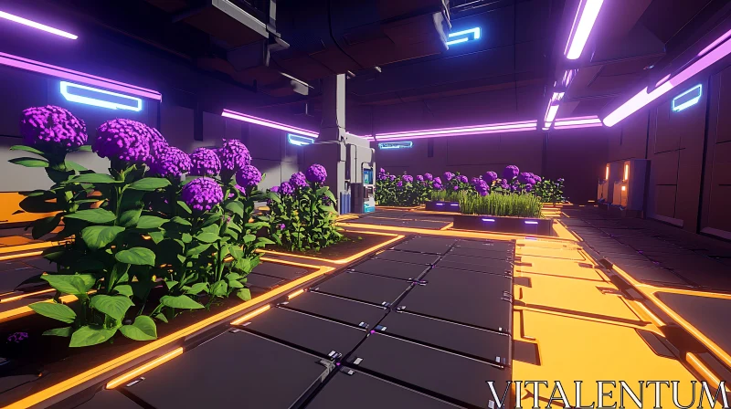 Advanced Hydroponics Facility with Vibrant Purple Flowers AI Image