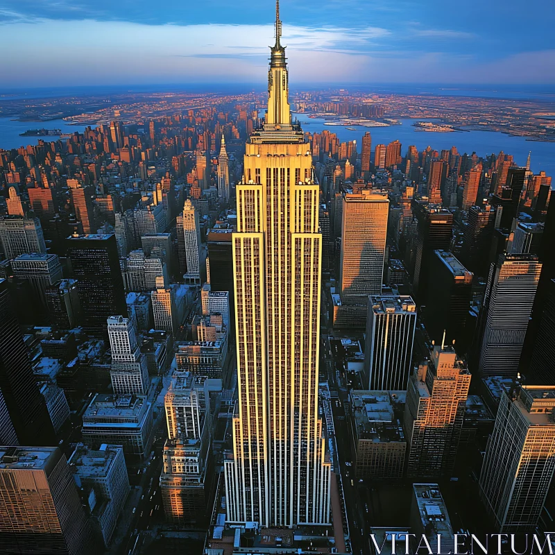 Sunset Over City: Aerial View of Grand Skyscraper AI Image