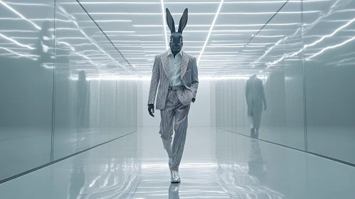 Man in Suit with Rabbit Mask in Modern Corridor