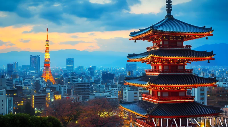 Japanese Pagoda and Tokyo Tower at Dusk AI Image