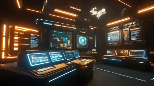 High-Tech Mission Control Room Illumined by Neon Light