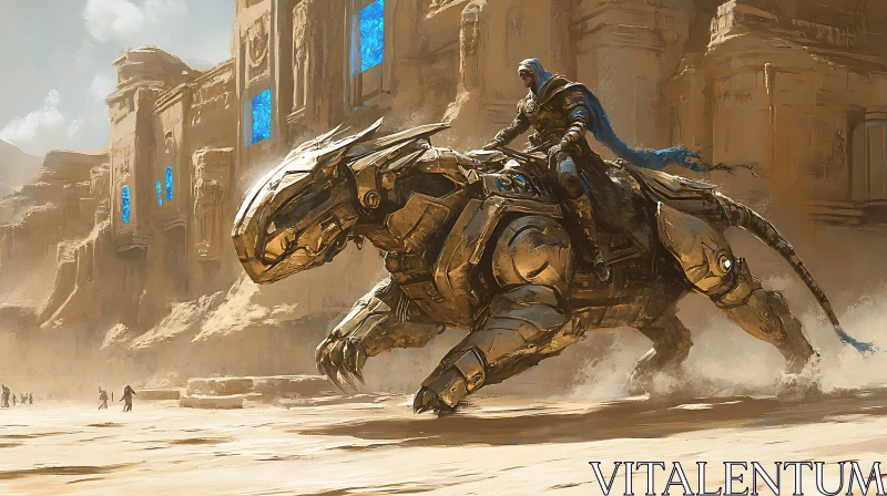 Rider with Robotic Creature in Desert AI Image