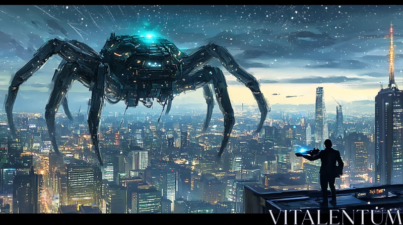 Giant Robot Spider Hovering Over Futuristic City AI Image