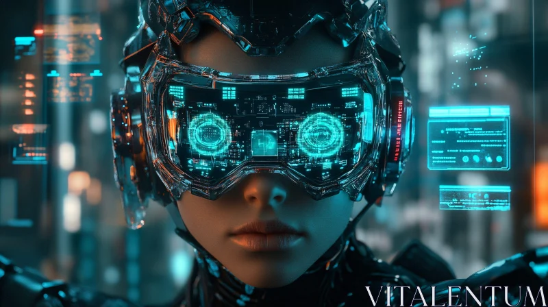 High-Tech Cyborg with Neon Lights and Data Display AI Image