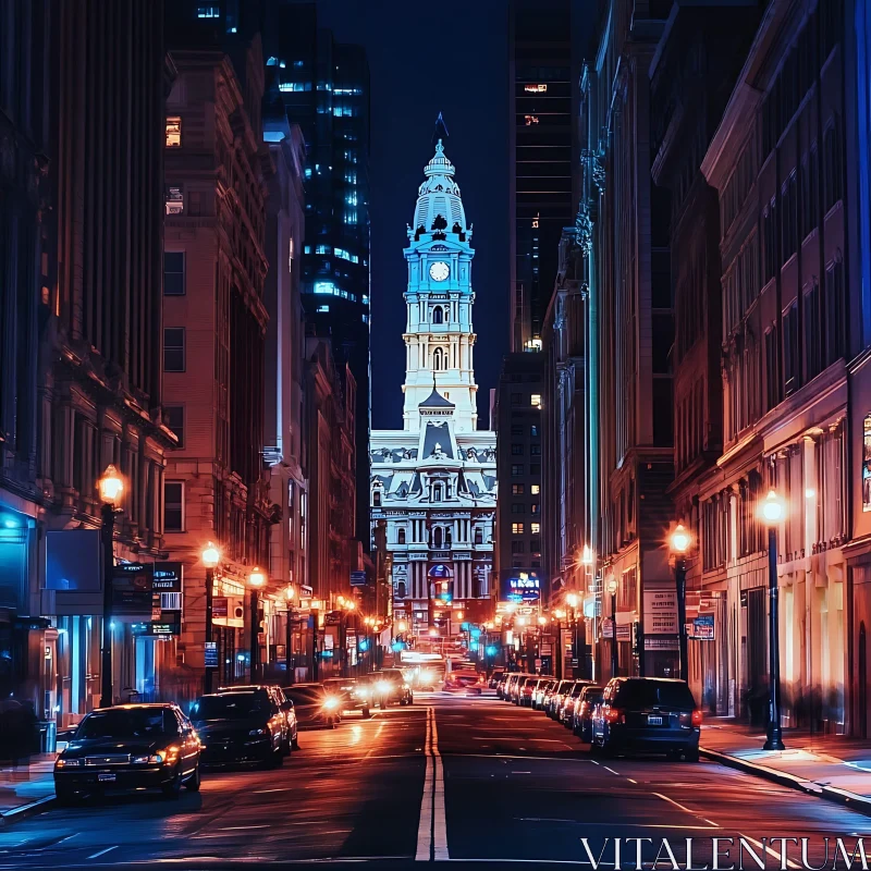 Mesmerizing Night View of Urban Street with Clock Tower AI Image