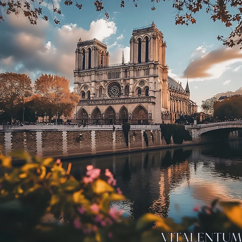 Historic Cathedral Reflected in Tranquil Waters at Sunset AI Image