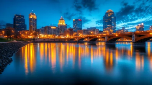 Nighttime Urban Landscape with Glowing Lights and River