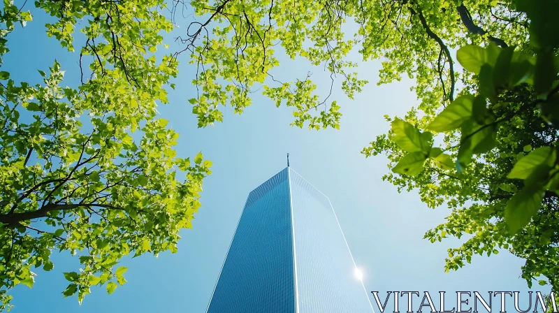 AI ART High-Rise Building Framed by Vibrant Tree Leaves