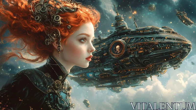 AI ART Futuristic Steampunk Lady with Spaceship