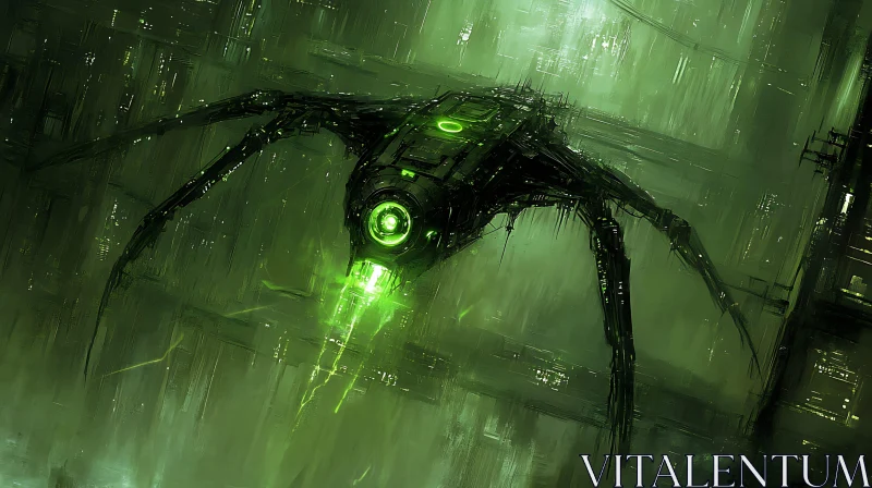 Spider-like Cybernetic Machine with Green Emissions AI Image