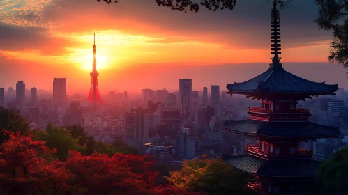 Tokyo Sunset with Pagoda and Skyscrapers