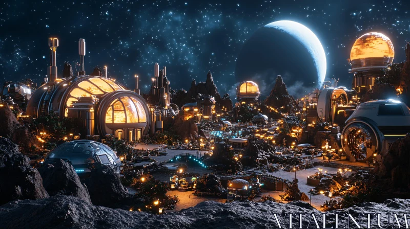 High-Tech Moon Colony Under Starry Sky AI Image