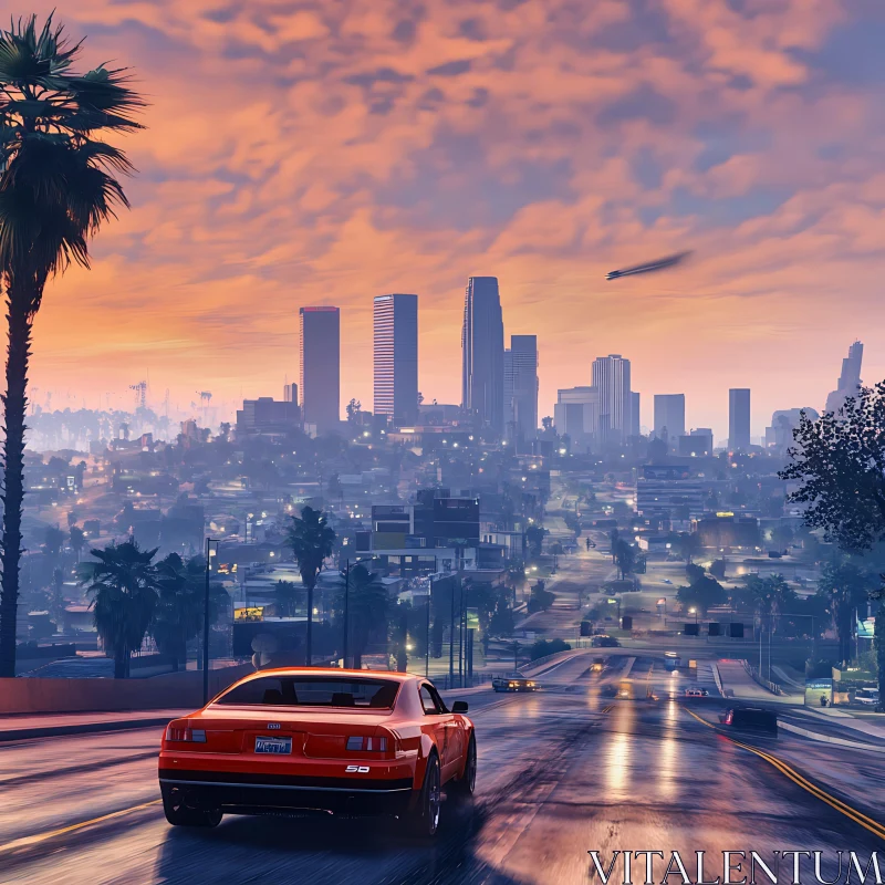 Sunset Over City with Car and Skyline AI Image