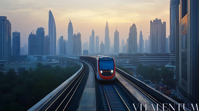 Urban Sunrise with Elevated Train and Skyline AI Image