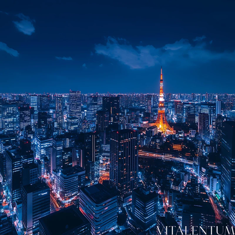 Nighttime City Skyline with Illuminated Tower AI Image