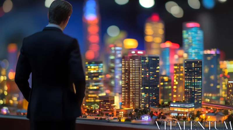 AI ART Miniature Urban Night Scene Observed by a Businessman