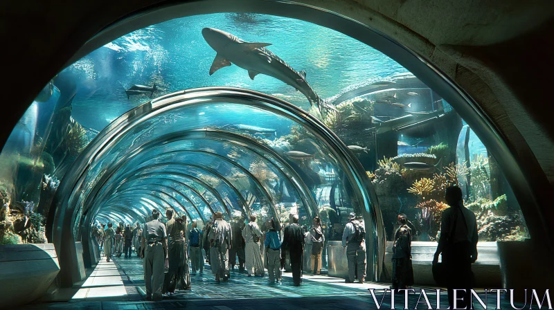 Visitors in a Marine Life Tunnel Aquarium AI Image