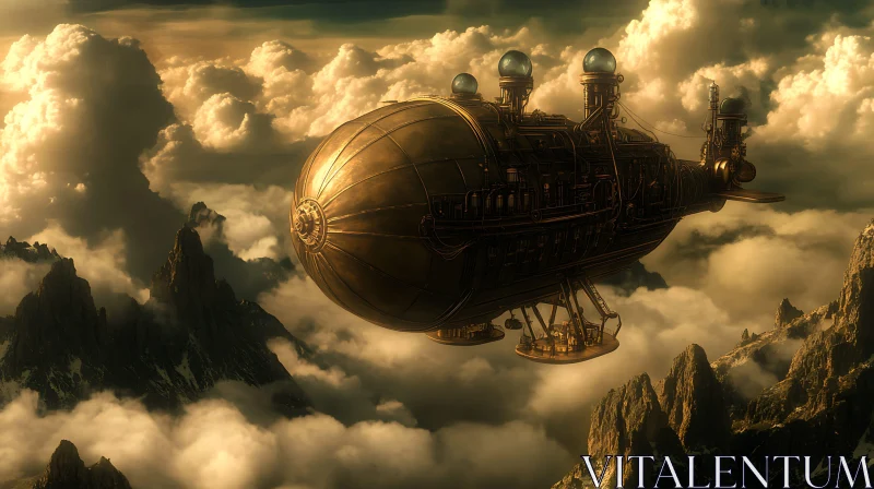 Golden Clouds and Mountains with Futuristic Airship AI Image