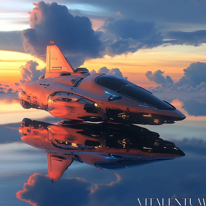 Spaceship Hovering against a Cloudy Sunset Sky AI Image