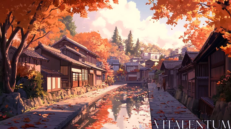 Serene Autumnal Village by the Canal AI Image