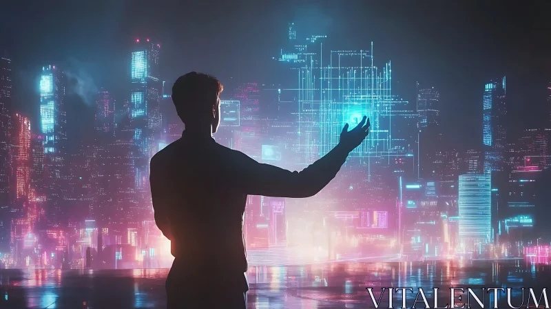 Person with Holographic Interface in Cyberpunk City AI Image