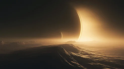 Cosmic Dawn: Planetary Landscape with Golden Horizon