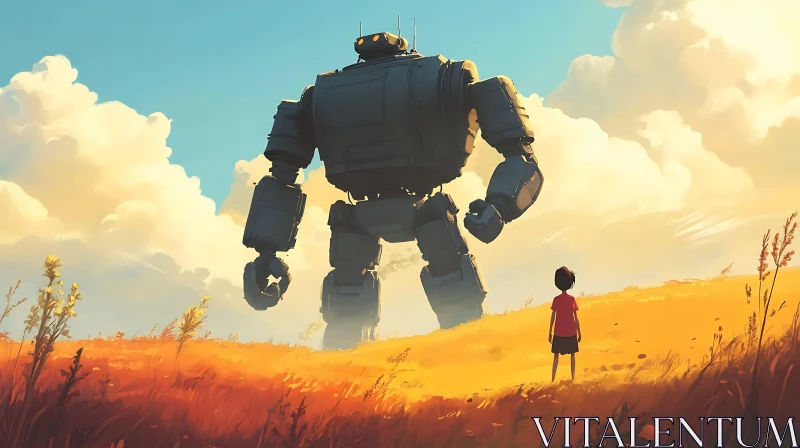 Giant Robot Meets Child in Sunlit Grassland AI Image