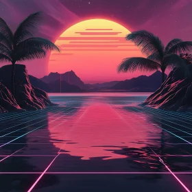 Synthwave Sunset with Neon Palm Trees and Ocean